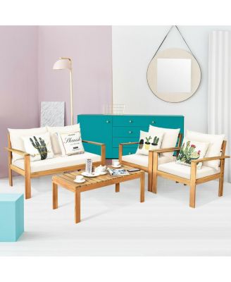 Outdoor 4 Pieces Acacia Wood Chat Set with Water Resistant Cushions