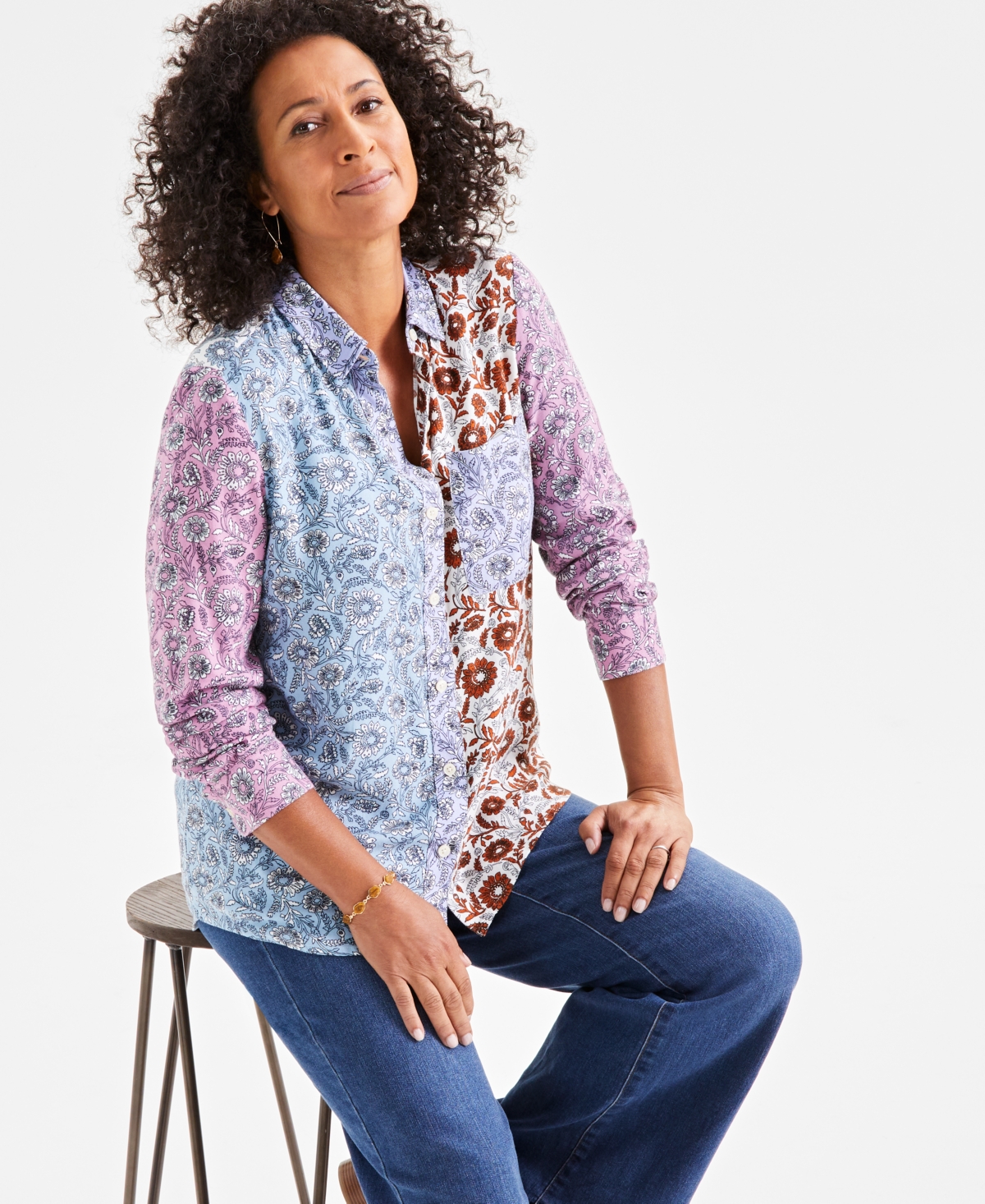 Style & Co Women's Patchwork-Print Perfect Shirt, Created for Macy's