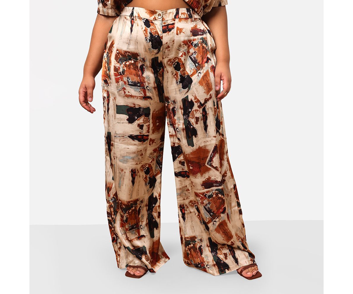 Plus Size Naima Satin Abstract Print Wide Leg Pant W. Pockets - Multicolor
