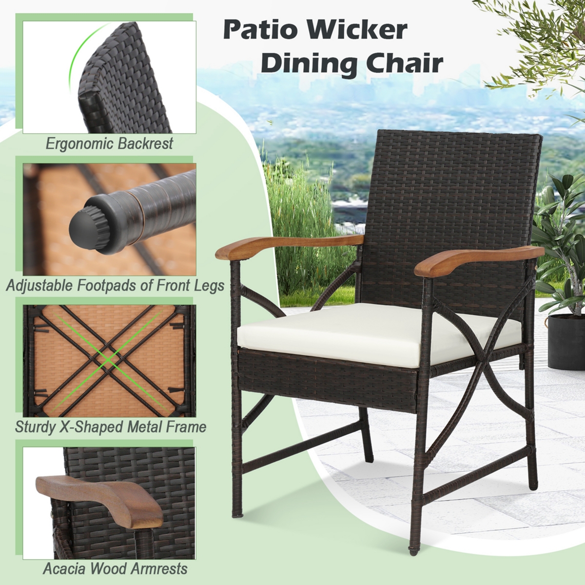 Costway 9 Pcs Patio Rattan Dining Set with Acacia Wood Table, Cushions, 1.9" Umbrella Hole