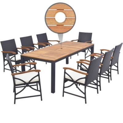 9 PCS Patio Rattan Dining Set with Acacia Wood Table, Cushions, 1.9" Umbrella Hole