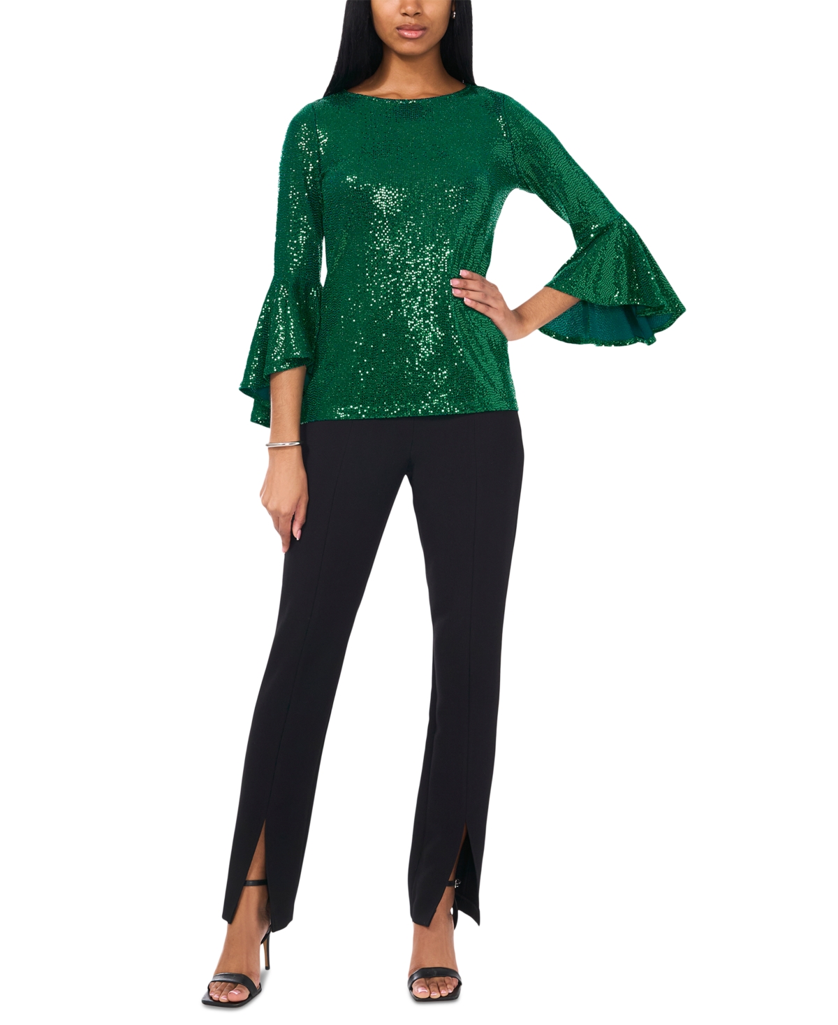 Women's Sequined Round-Neck Bell-Sleeve Top - Arresting