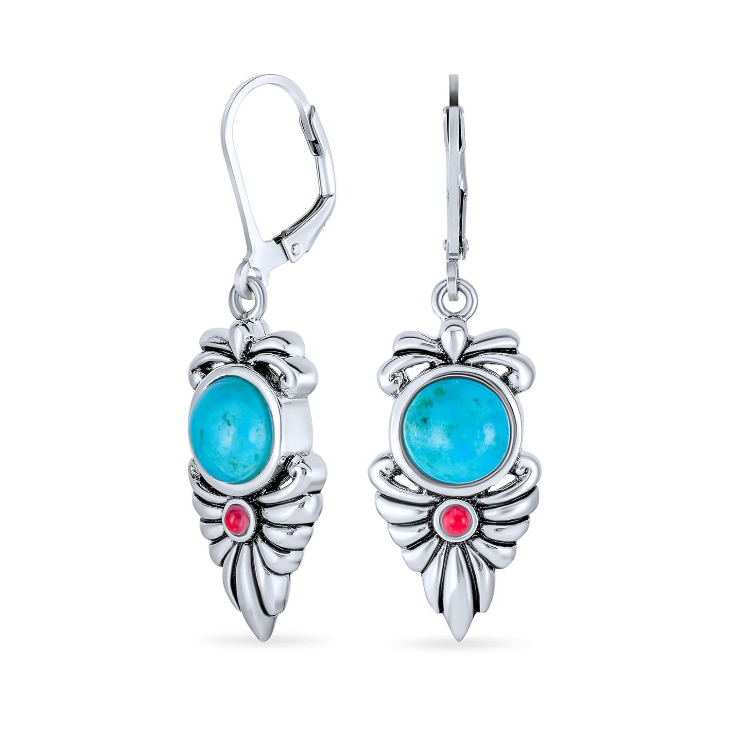 Natural Stabilized Turquoise & Carnelian Dangle Earrings 7g .925 Sterling Silver