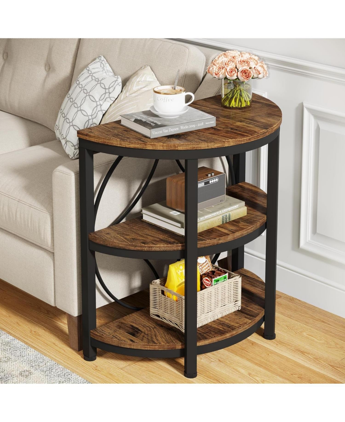 Tribesigns Half Round End Table, 3-Tier Narrow Side Table with Metal Frame, Half Circle Table, Half Moon Small Coffee Accent Table Bedside Table for L