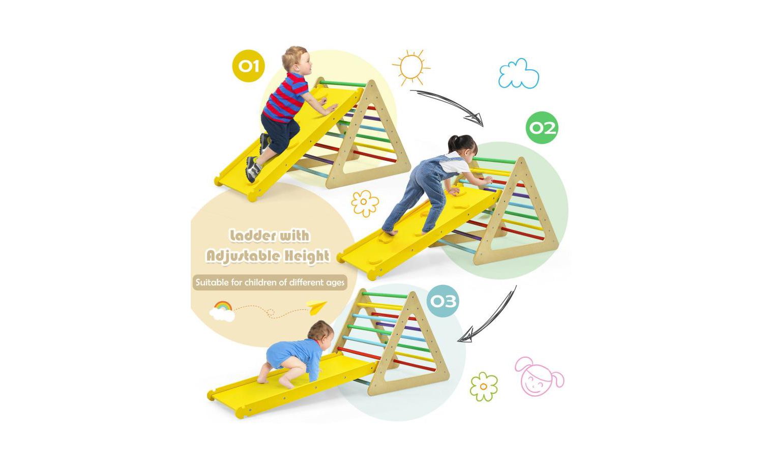 3 in 1 Wooden Set of 2 Triangle Climber with Ramp for Slid