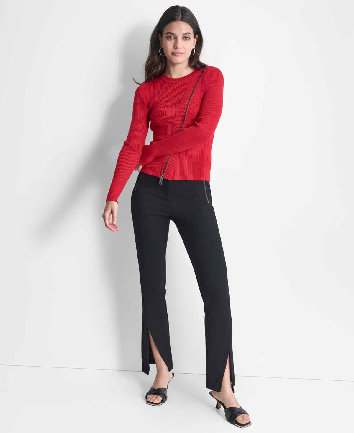 Dkny Women's Ribbed Asymmetrical-Zip Sweater