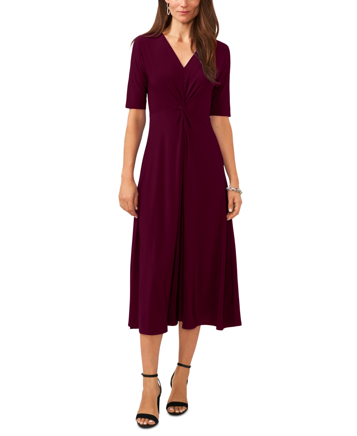 Women's V-Neck Twist-Front Elbow-Sleeve Midi Dress - Mulberry 5