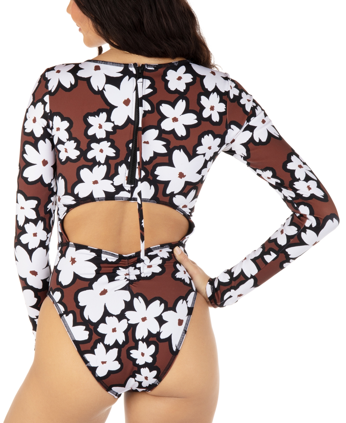 HURLEY WOMEN'S BOLD DAISY PRINTED LONG-SLEEVE ONE-PIECE SWIMSUIT 