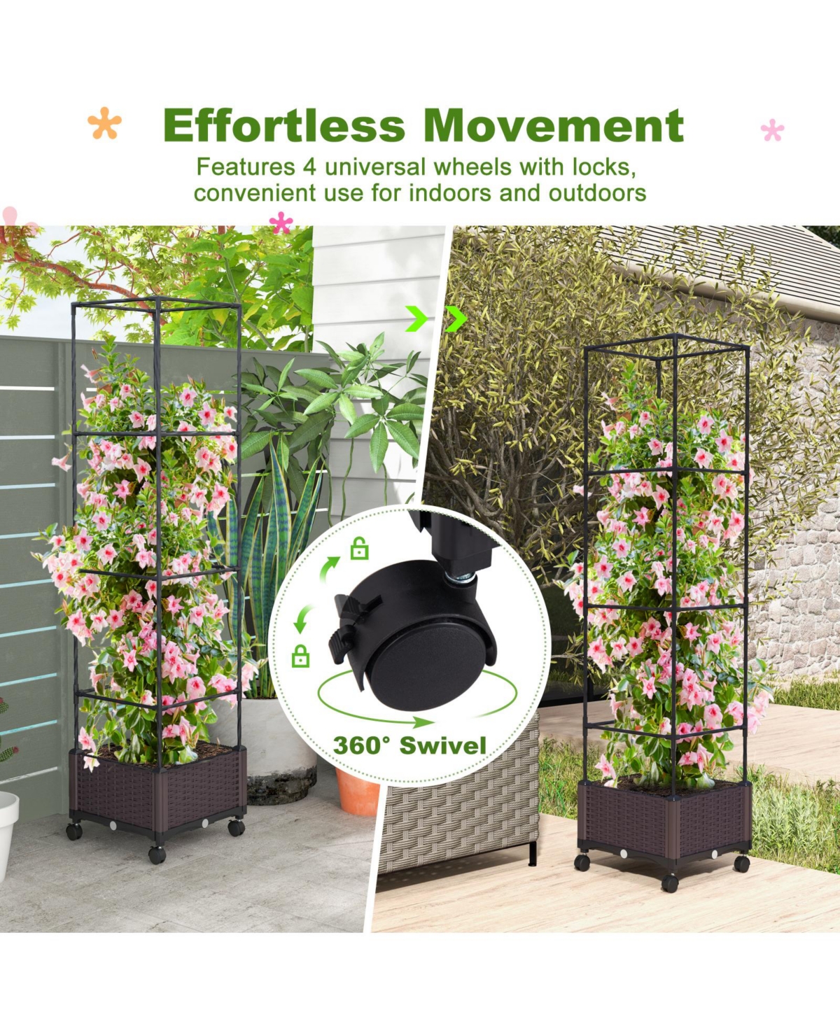 Slickblue 67 Inches Raised Garden Bed with Planter Box and Trellis - Black