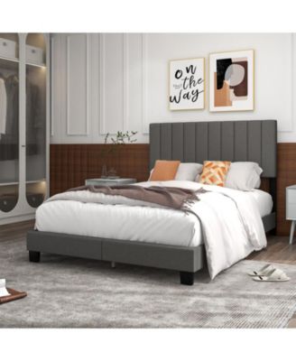Queen Size Upholstered Bed Frame with Vertical Channel Tufted Headboard-Gray