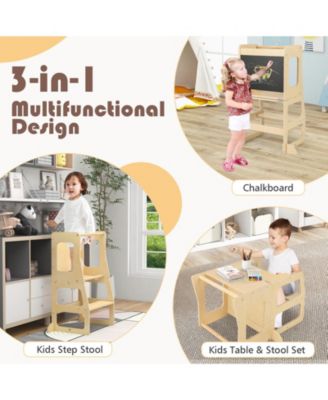 3-in-1 Foldable Kitchen Standing Tower for Toddlers with Chalkboard-Natural