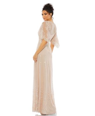 Women's V Neck Flounce Sleeve Embellished Mesh Gown