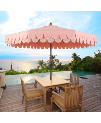 Tracy 9 ft. Classic MidCentury Scalloped Fringe Market Patio Umbrella with Auto-Tilt Crank, Wind Vent and UV Protection in Coral