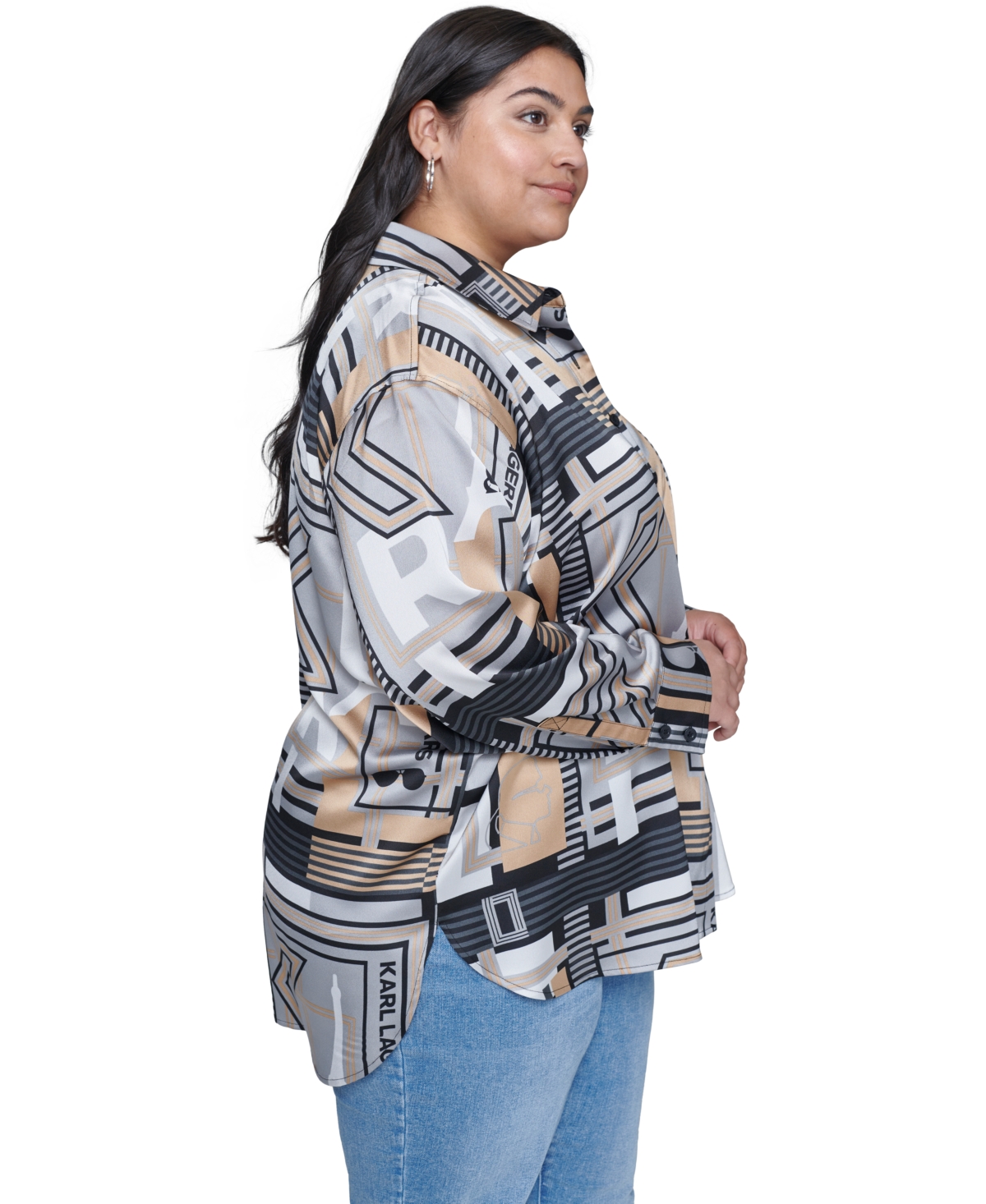 Karl Lagerfeld Paris Plus Size Printed Button-Front Long-Sleeve Blouse, Created for Macy's