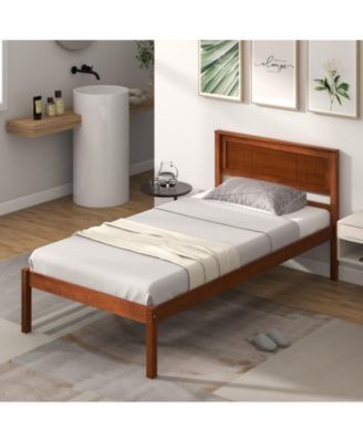 Twin Size Bed Frame with Wooden Headboard and Slat Support