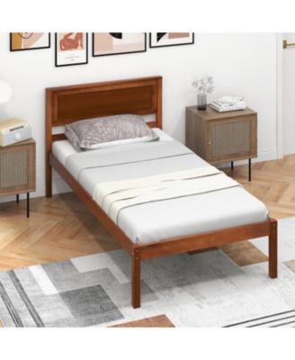 Twin Size Bed Frame with Wooden Headboard and Slat Support