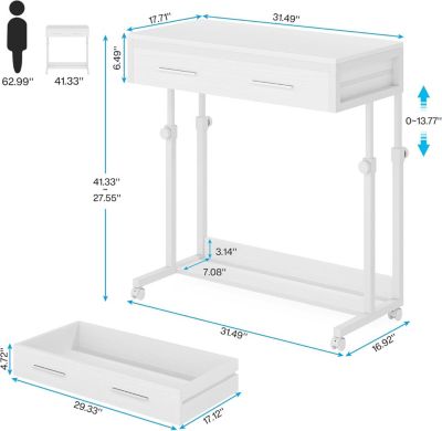 Portable Desk with Drawers, Mobile Laptop Desk with Wheels, Couch Desk Sofa Side Table Bed Desk, Small Standing Desk for Home Office