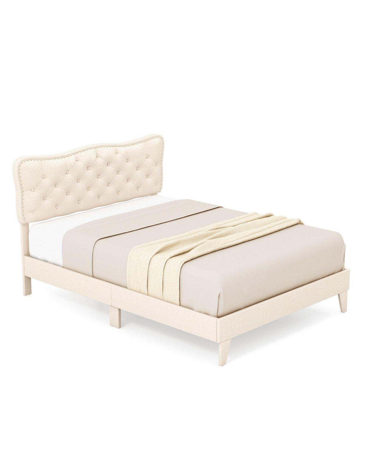Sugift Size Bed Frame with Nail Headboard and Wooden Slats