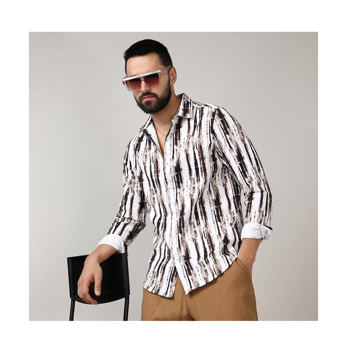 Campus Sutra Men's& Black Ombre Strokes Shirt - Beige/khaki