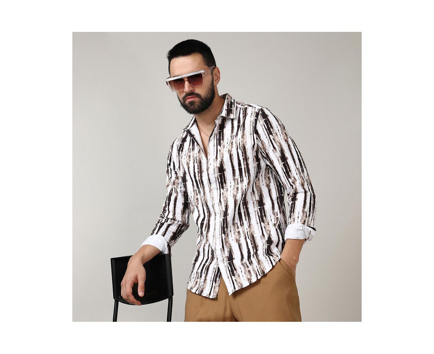 Men's Beige & Black Ombre Strokes Shirt
