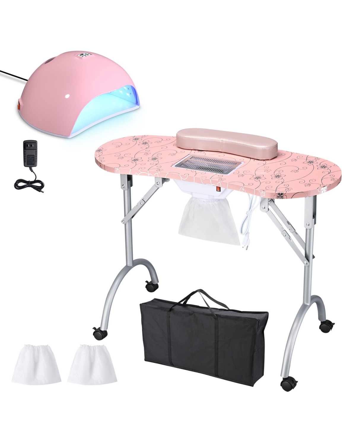 Manicure Nail Table w/ Uv Led Nail Lamp 135W Portable Folding Nail Technician Desk with Built-in Dust Collector & Carry Bag for Nail Tech Be