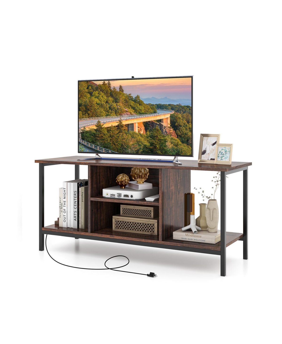 Sugift Tv Stand Entertainment Center with Open Storage Shelves and Power Outlets to 50 Inches