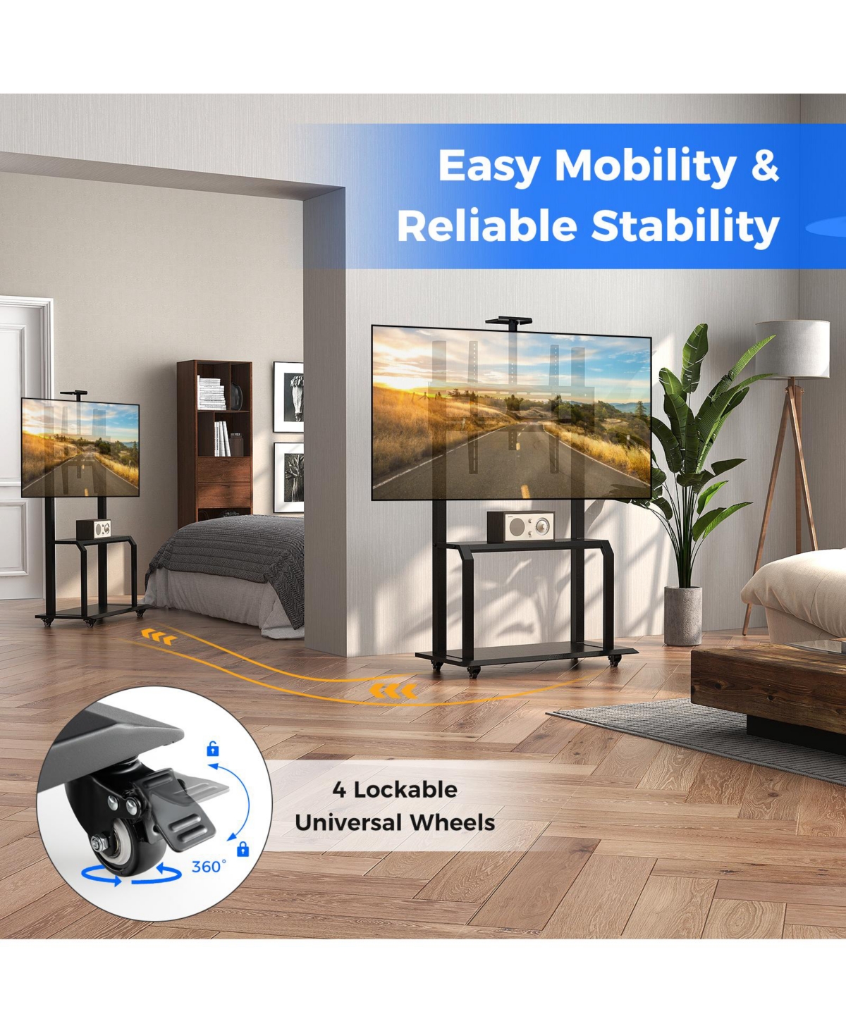 Sugift Mobile Tv Stand with Camera Shelf and Av Shelves for Inch Flat/Curved TVs