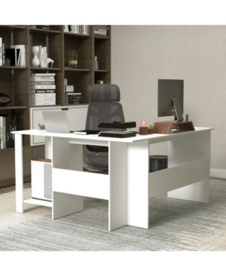 Large Modern L-shaped Computer Desk with 2 Cable Holes and 2 Storage Shelves