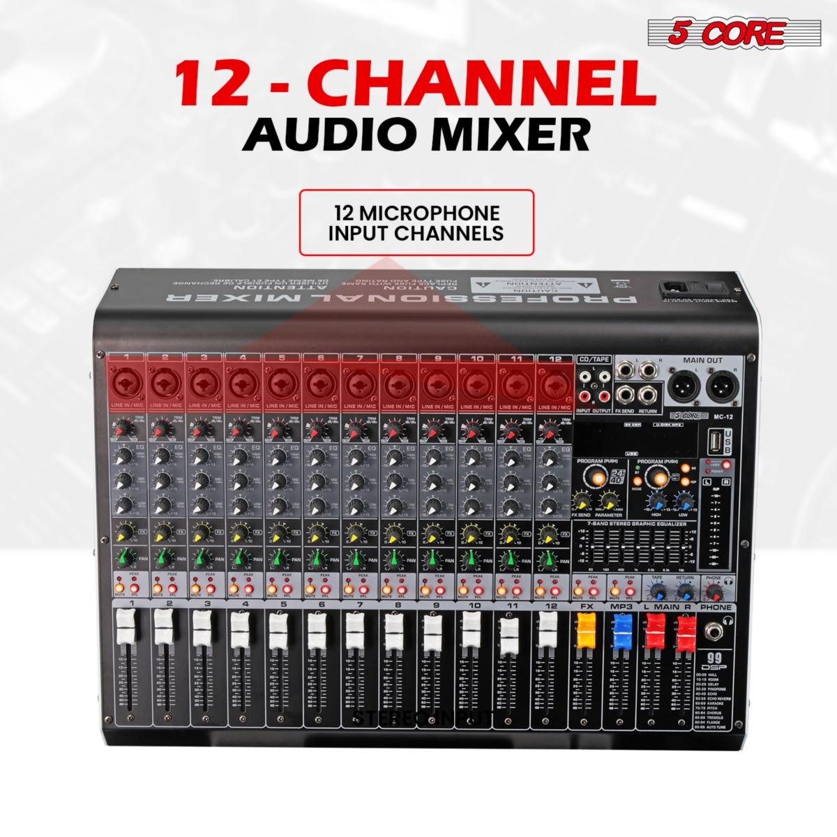 5 Core Audio Dj Mixer 12 Channel Sound Board Shape w Bluetooth Usb 99 Dsp Effects 48V Phantom Power - Mx 12CH