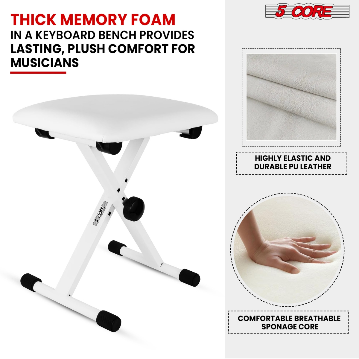 5 Core Keyboard Bench Pair X Style Piano Stool Thick Padded 12 to inch Adjustable Keyboards Chair- White