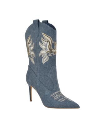 GUESS Women's Rasima Denim Rhinestone Embellished High Heel
