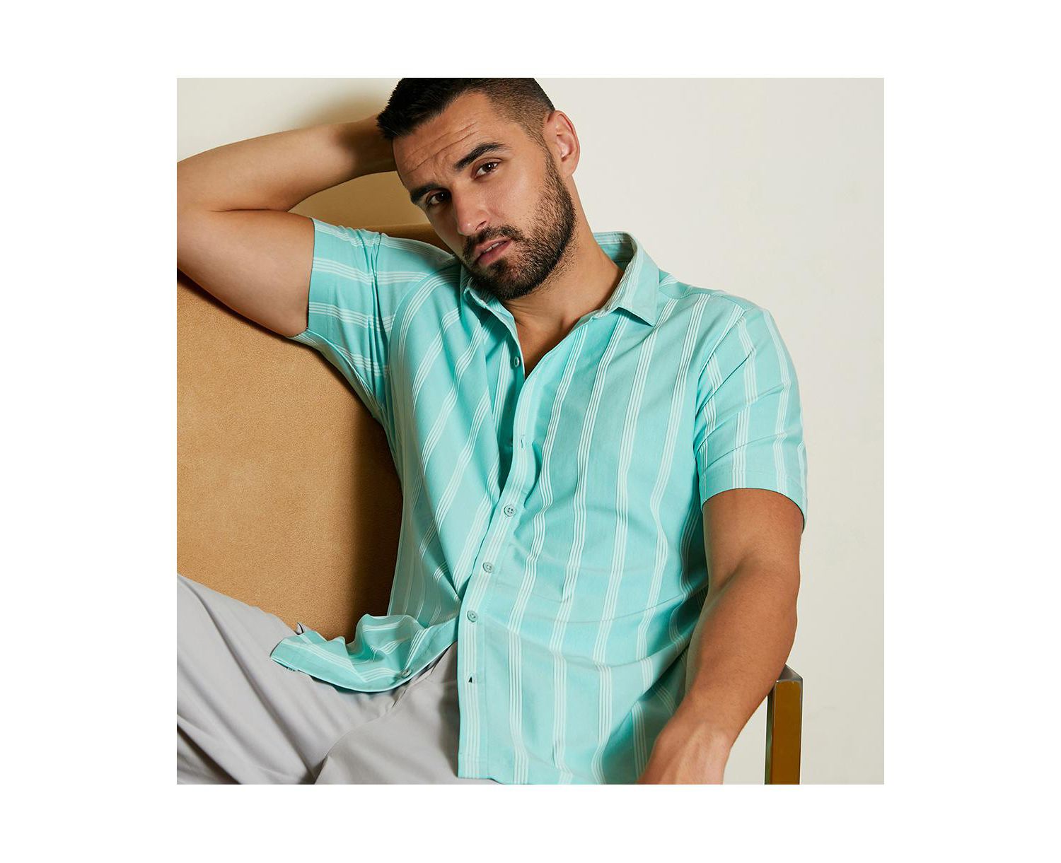 Men's Aqua Blue Unbalanced Striped Shirt