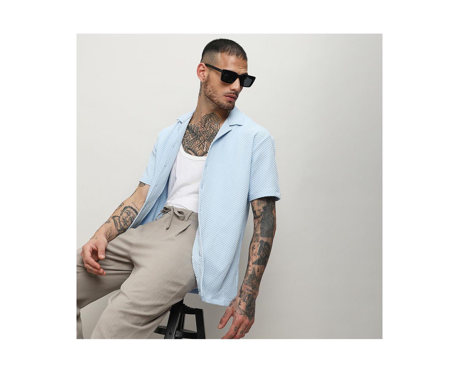 Men's Light Blue Self-Design Block Shirt
