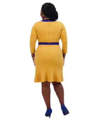 Women's Ruffled-Hem 3/4-Sleeve Contrast-Trim Dress