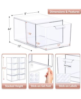 8 Pack Clear Stackable Acrylic Drawer Makeup Organizers - for Vanity, Bathroom, Under Sink, Cabinets, Jewelry, and More