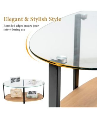 2-Tier Glass-Top Oval Coffee Table with Wooden Shelf for Living Room