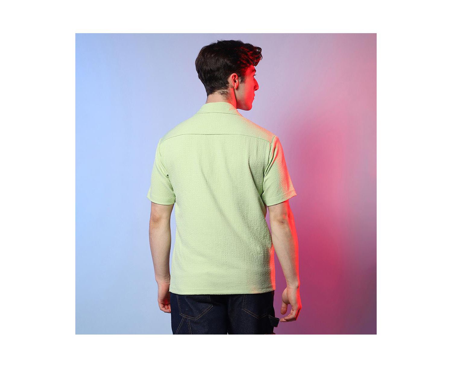 Men's Lime Green Self-Design Creased Box Shirt