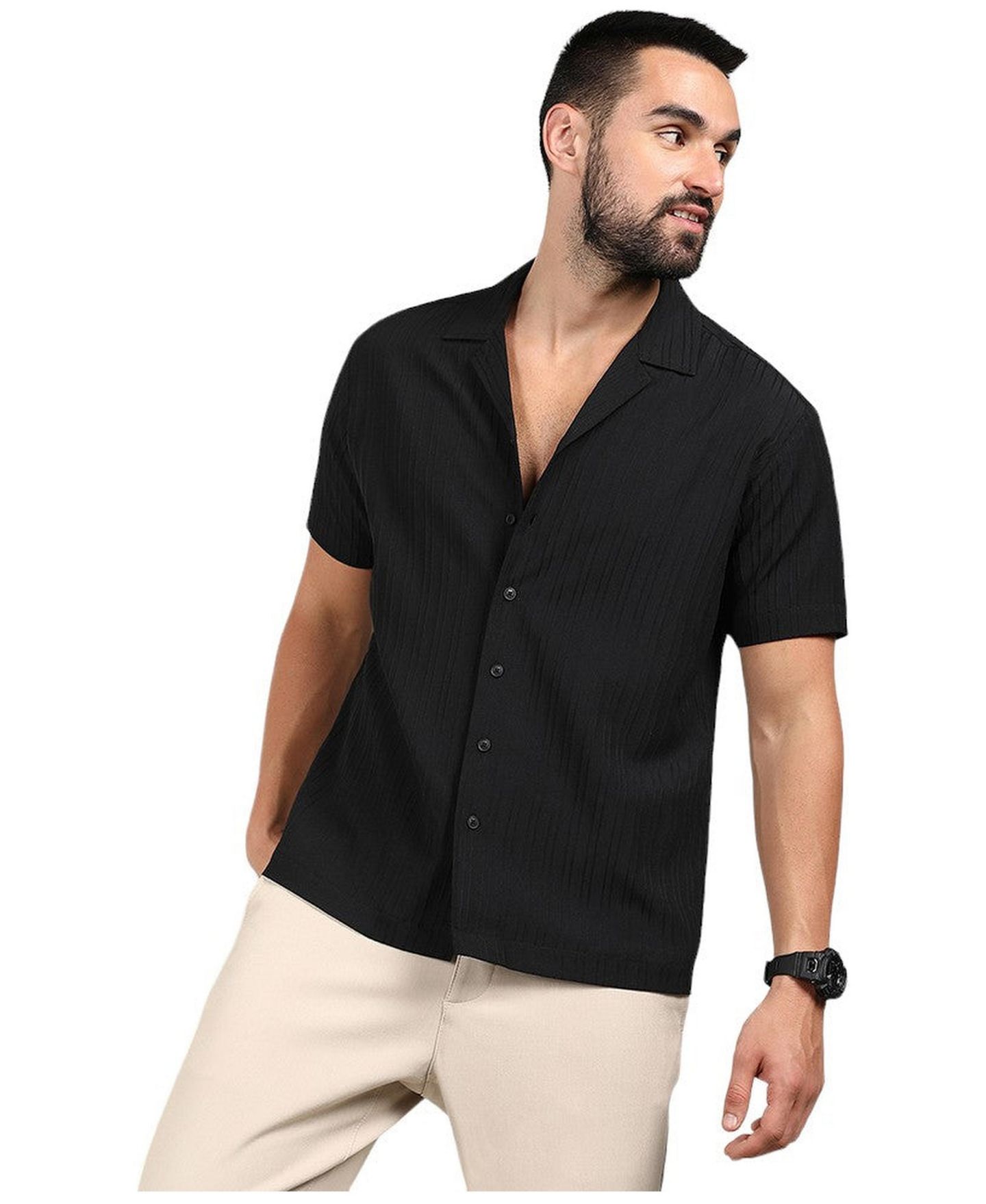 Мужская рубашка Cahoot Charcoal Black Self-Design Striped, цвет: Чёрный — фото 1