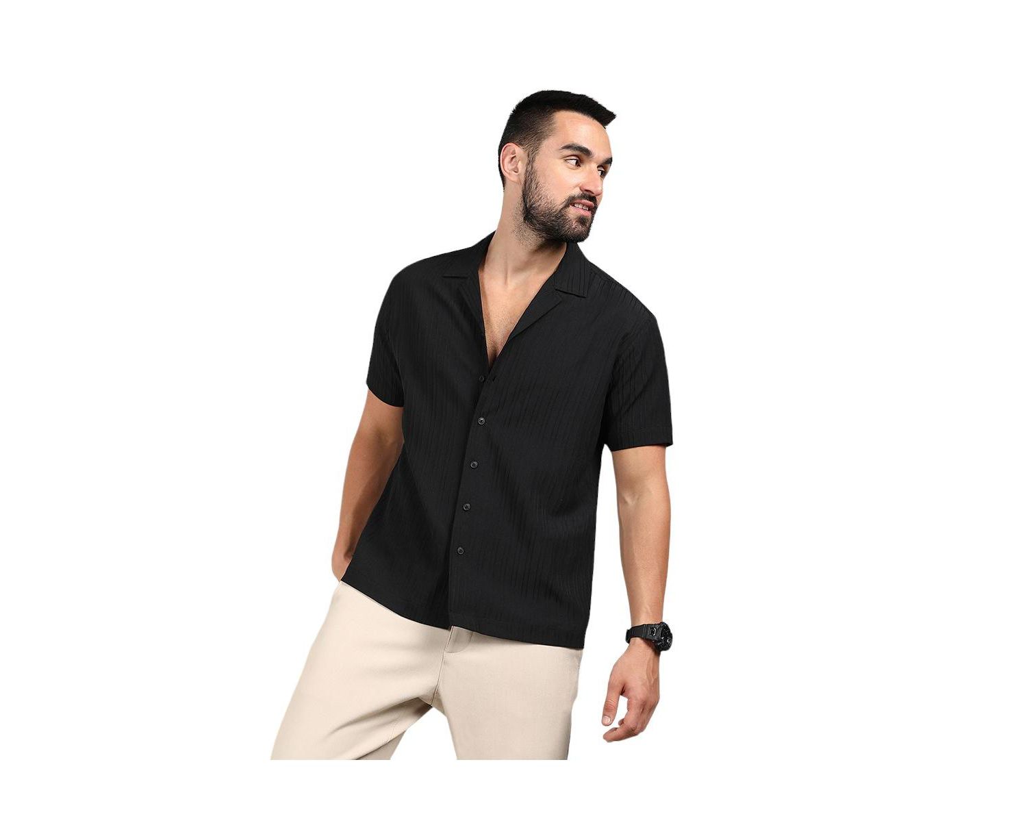 Men's Charcoal Black Self-Design Striped Shirt