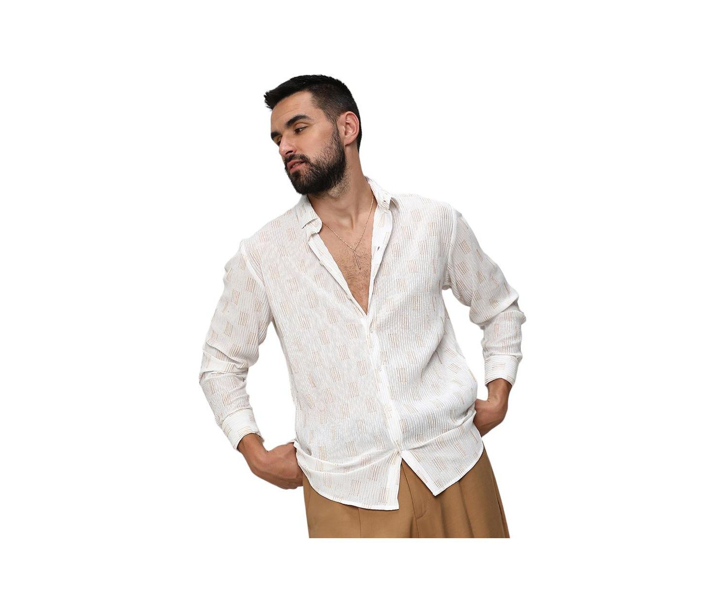 Men's Chalk White Foil-Pleated Shirt