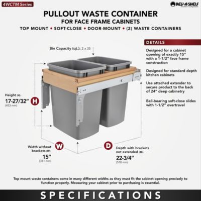 Pullout Top Mount Trash Can w/ Soft-close, 35 qt., 4WCTM-18BBSCDM2