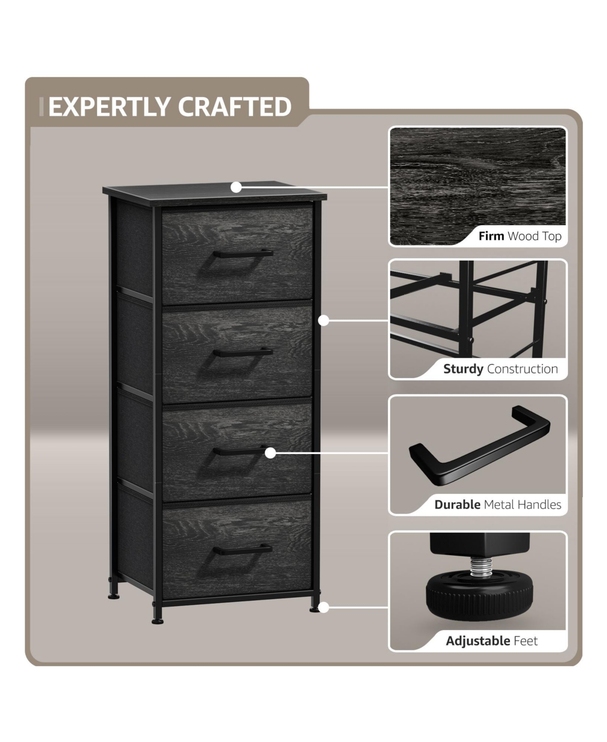 Sorbus 4 Drawers Chest Nightstand - Storage for Closet, Home, College Dorm - Features Steel Frame, Wood Top, & Fabric Bins