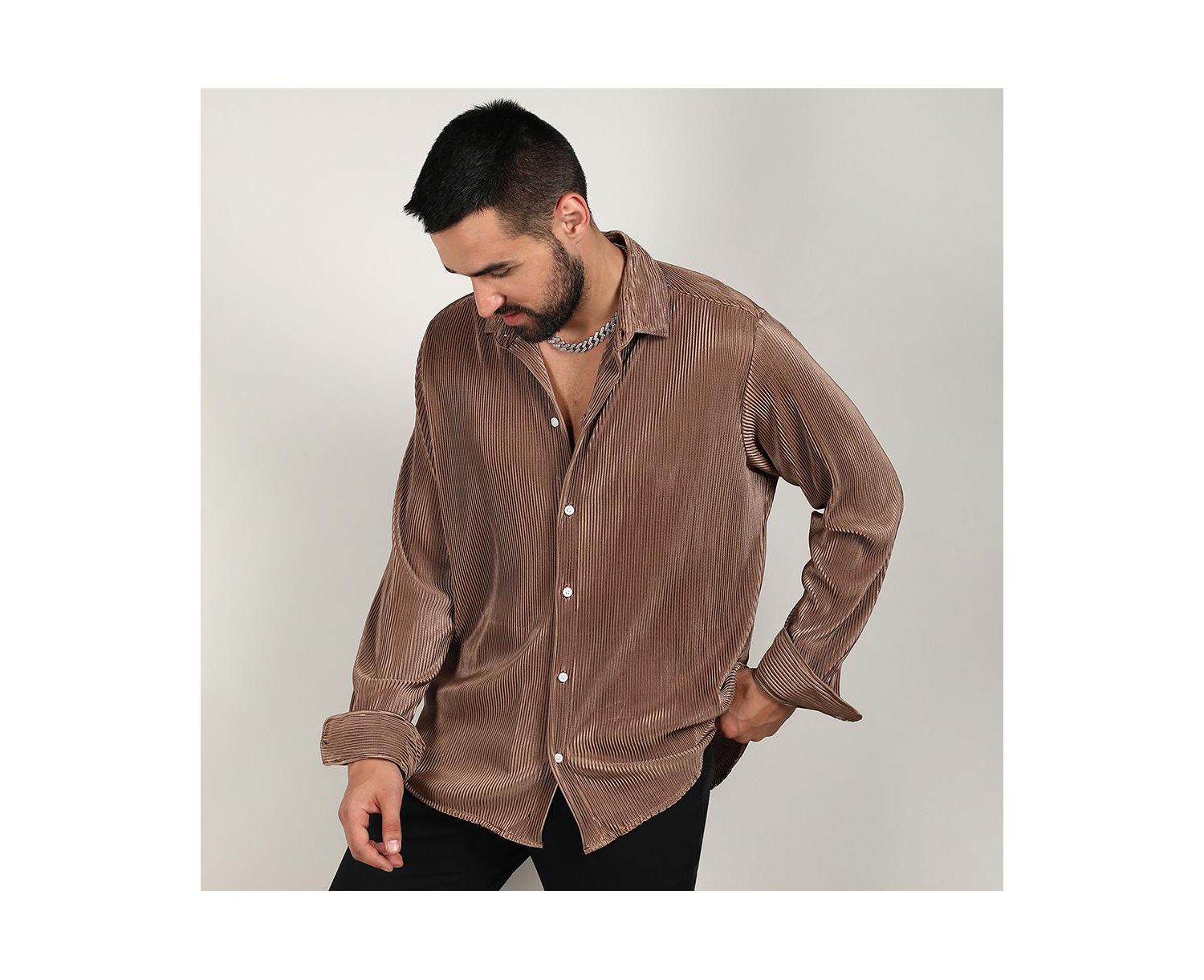 Men's Mocha Brown Pleat-Creased Shirt