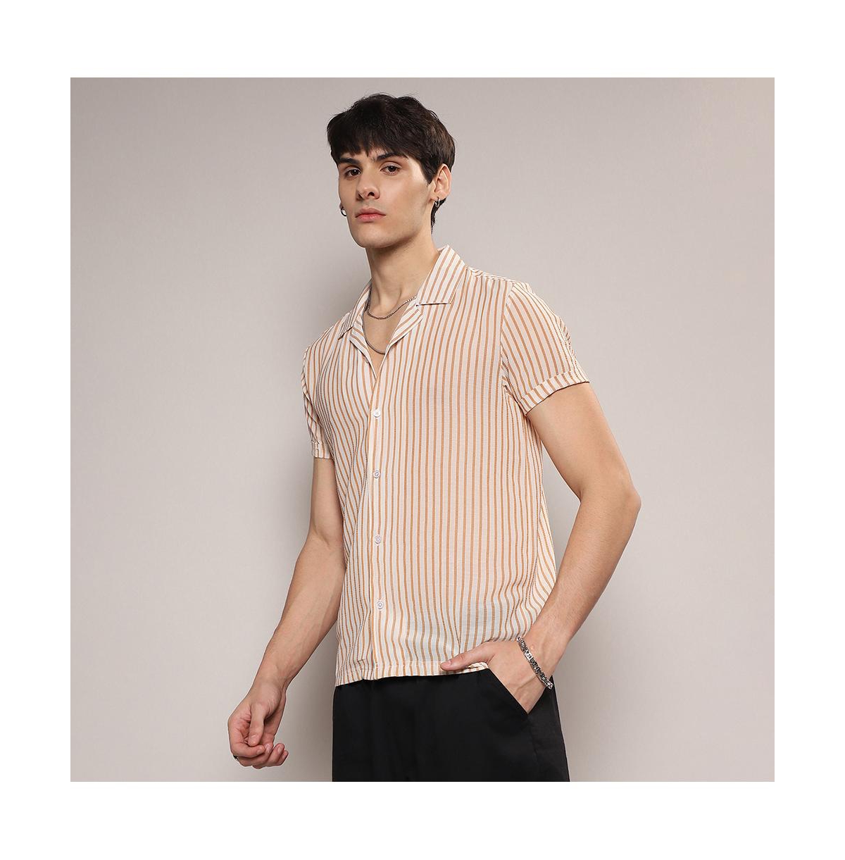 Campus Sutra Men's& Brown Unbalanced Striped Shirt - White