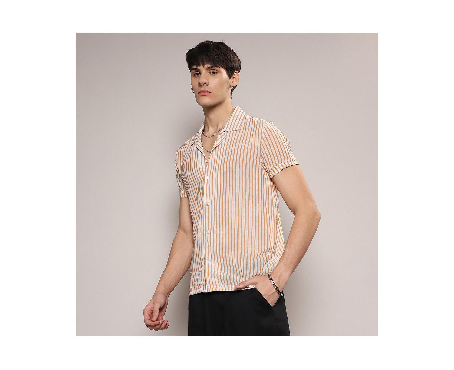 Men's White & Brown Unbalanced Striped Shirt