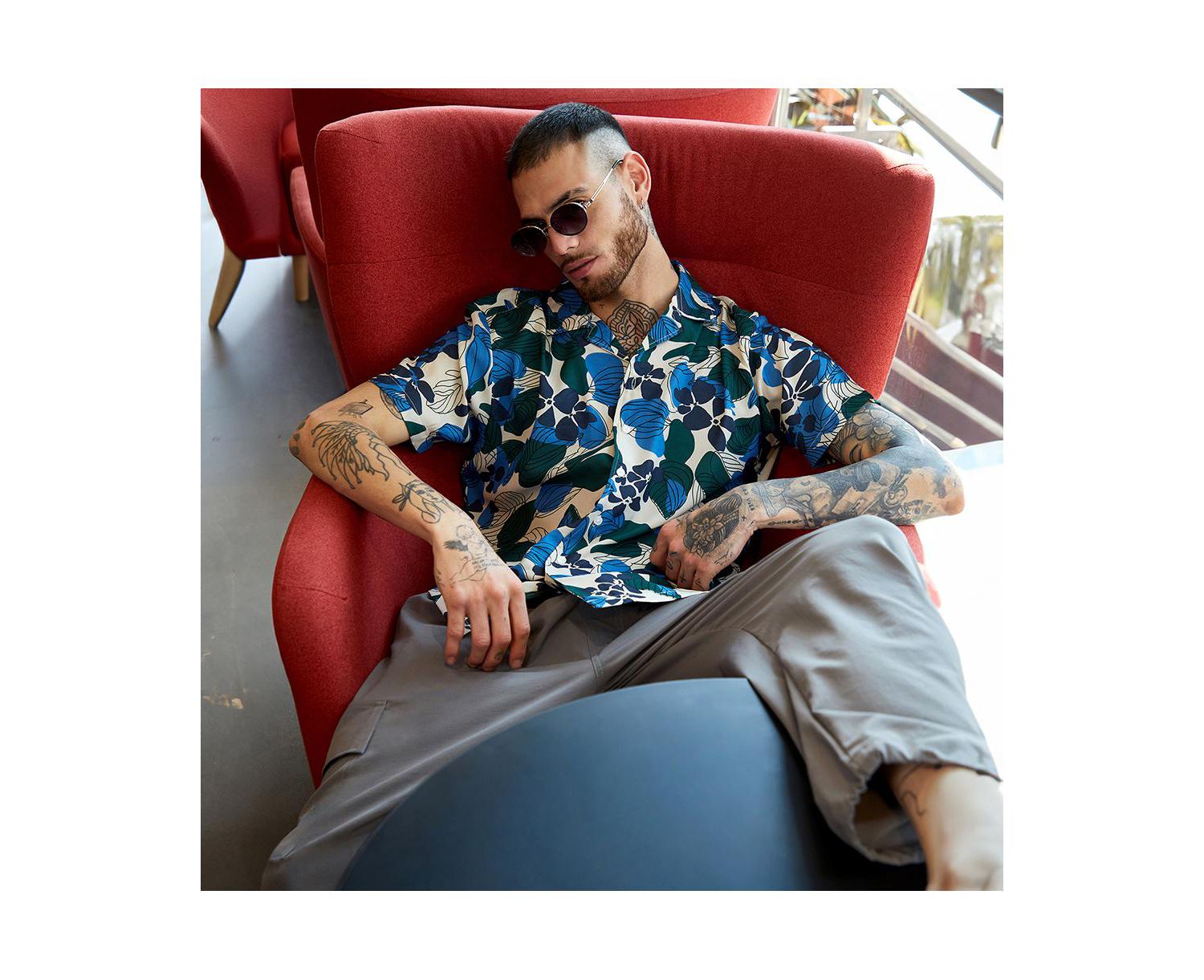 Men's Azure Blue & Forest Green Floral Abstract Shirt