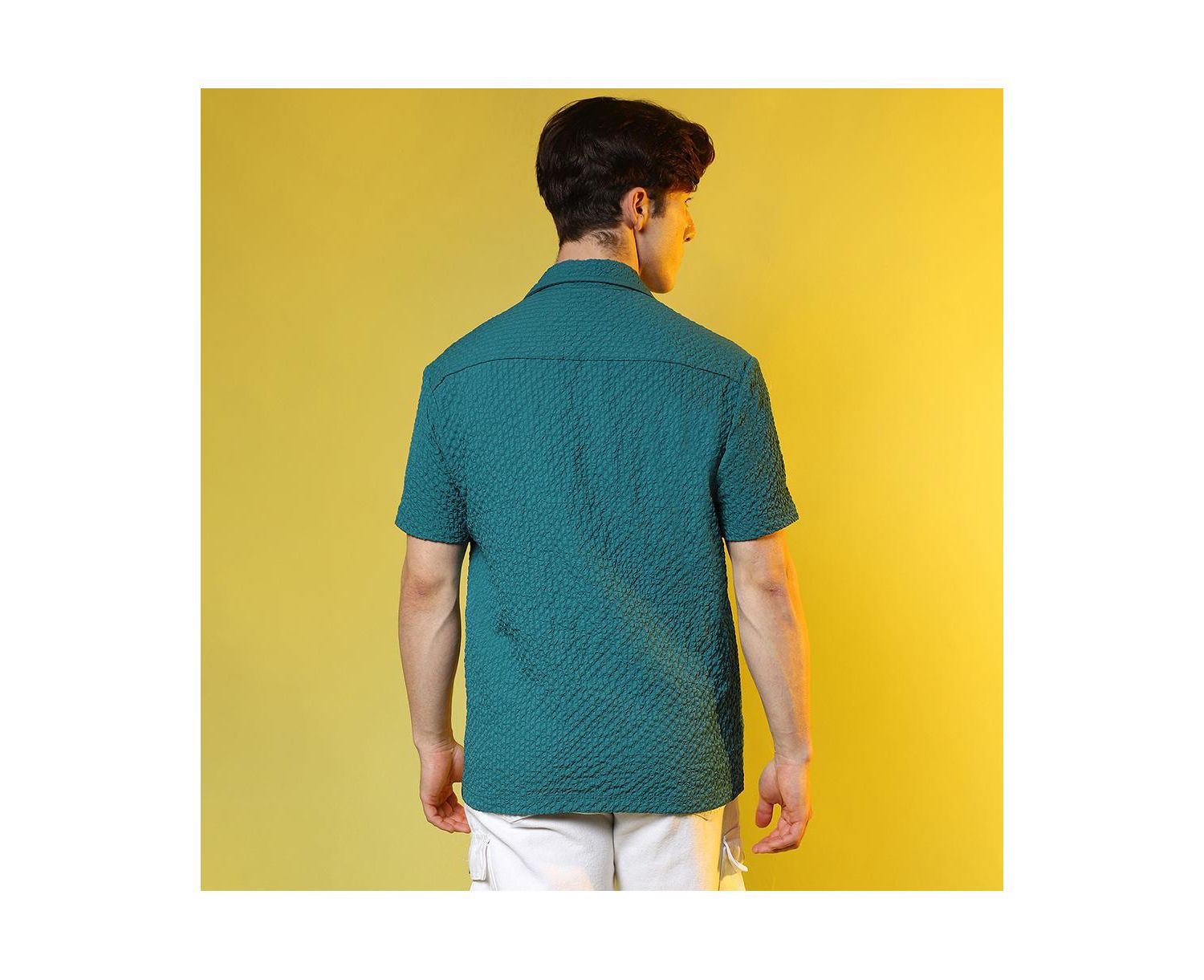 Men's Teal Green Self-Design Creased Striped Shirt