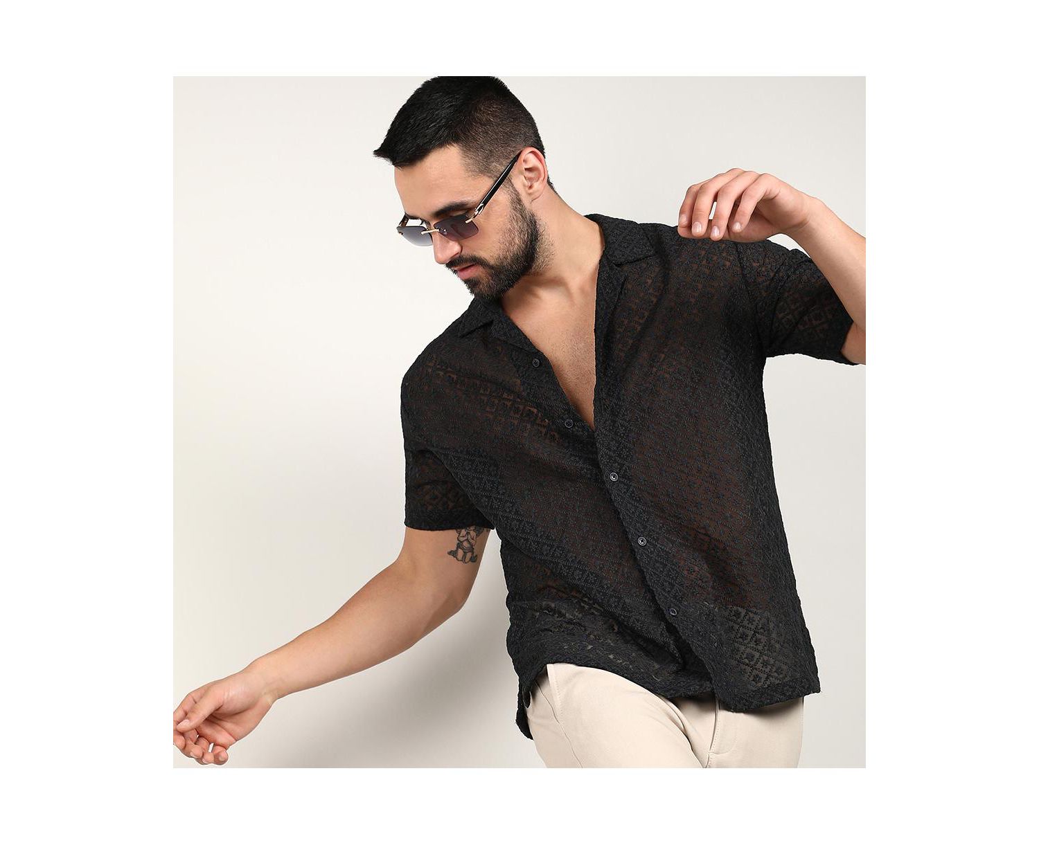 Men's Midnight Black Floral Embroidered Shirt