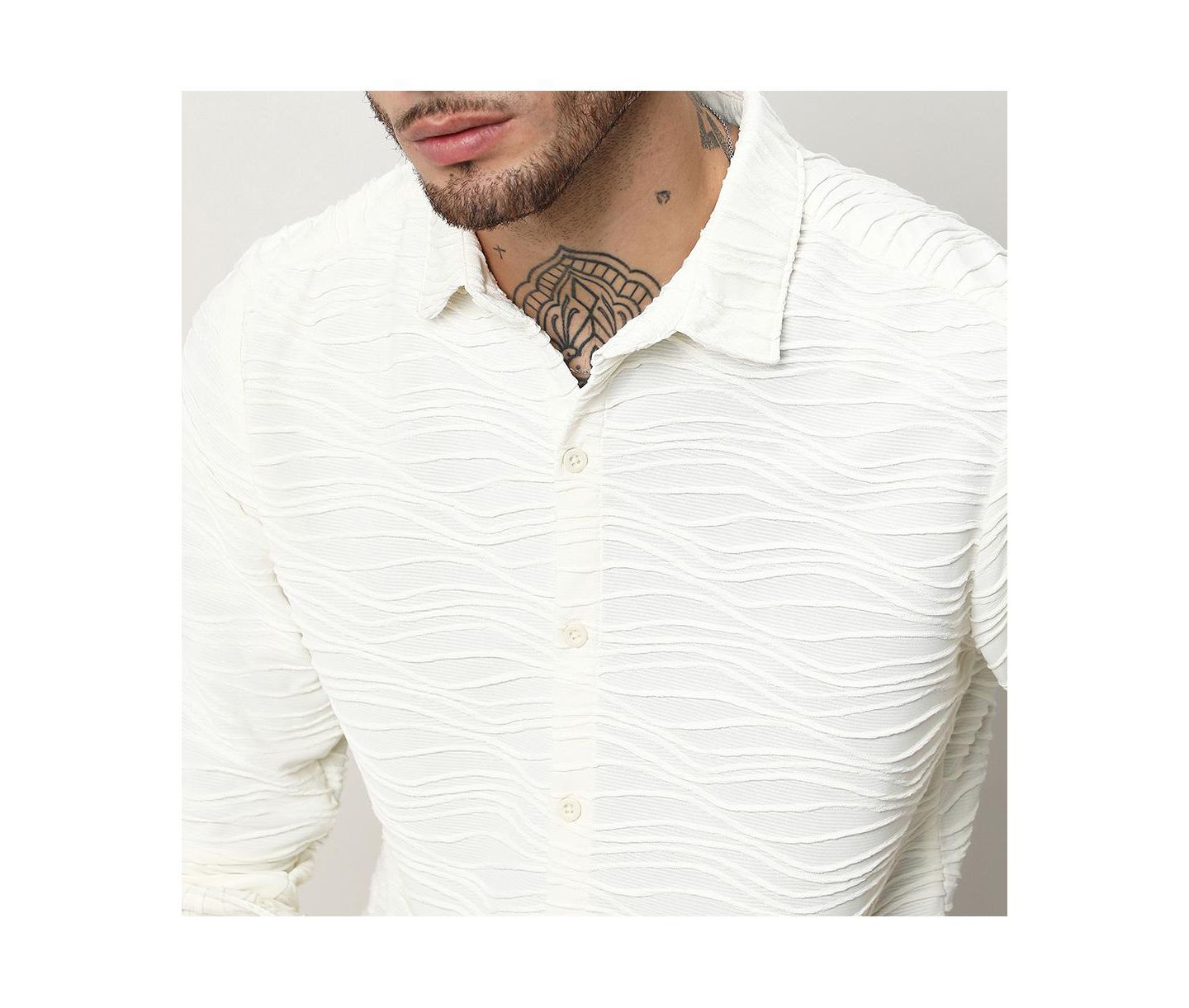 Мужская рубашка Cahoot Ivory White Self-Design Wave, цвет: Белый — фото 8