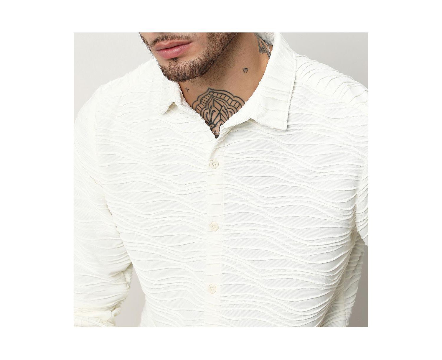 Men's Ivory White Self-Design Wave Shirt